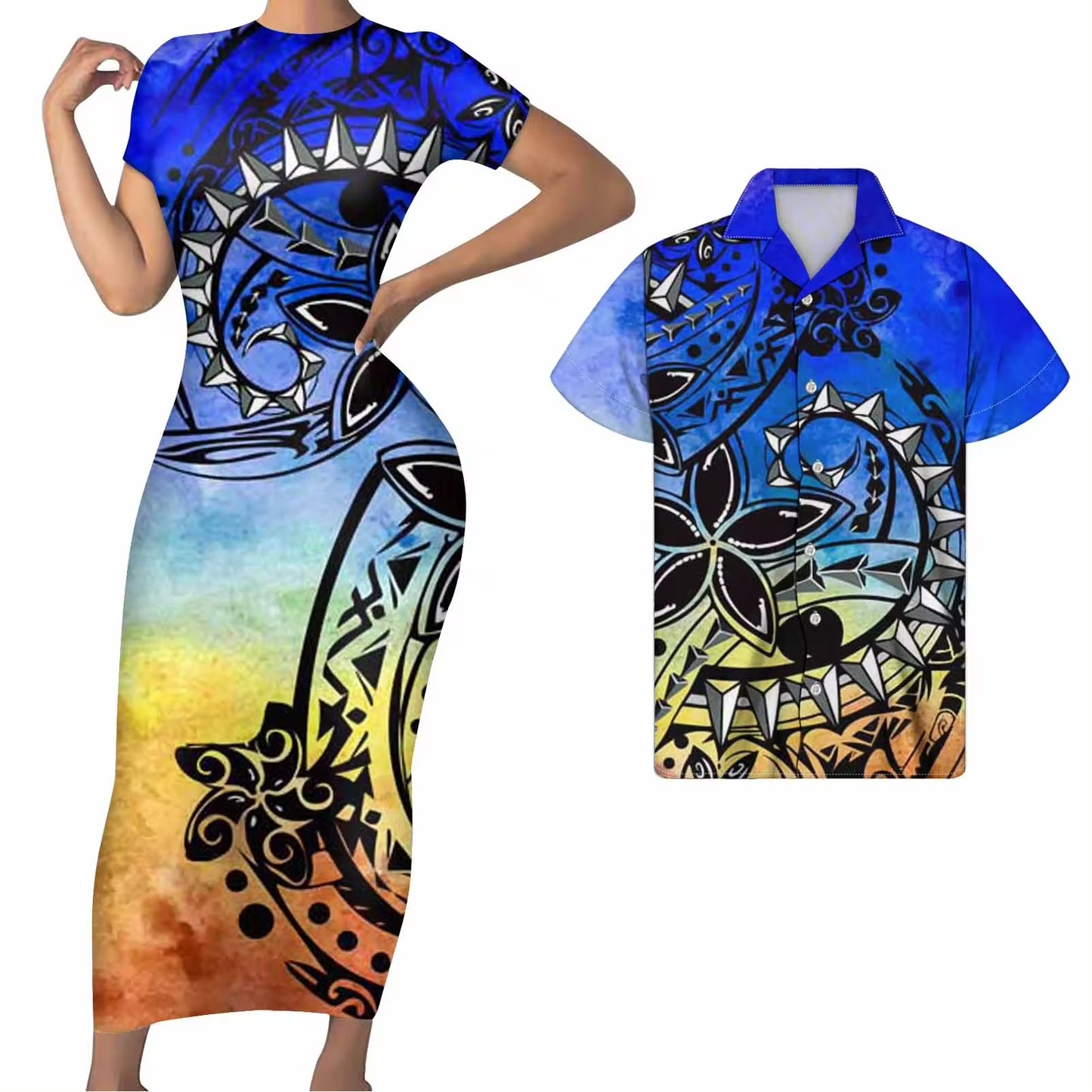 Polynesian Matching Clothes For Couples Polynesian Tribal Curve Flowers Pattern Retro Blue Bodycon Dress And Hawaii Shirt