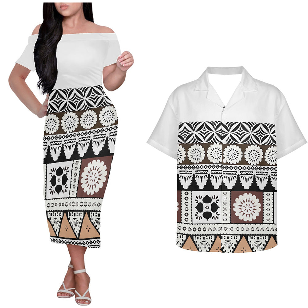 Polynesian Island Tribal White Pattern Couple Outfits Tropical Style Hung Short Sleeved Dress And Hawaiian Shirt Couple Set
