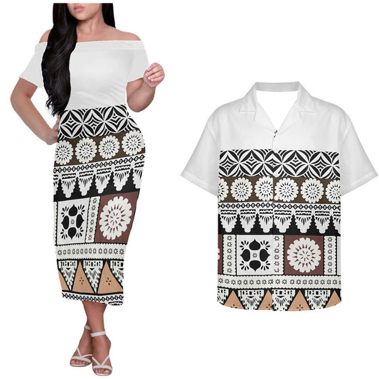 Polynesian Island Tribal White Pattern Couple Outfits Tropical Style Hung Short Sleeved Dress And Hawaiian Shirt Couple Set