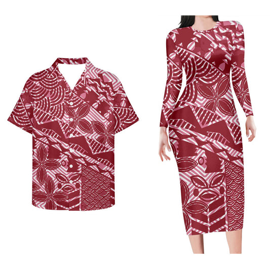 Polynesian Tribal Pattern Red Couple Set Bodycon Dress And Hawaii Shirt Island Matching Outfit For Couple