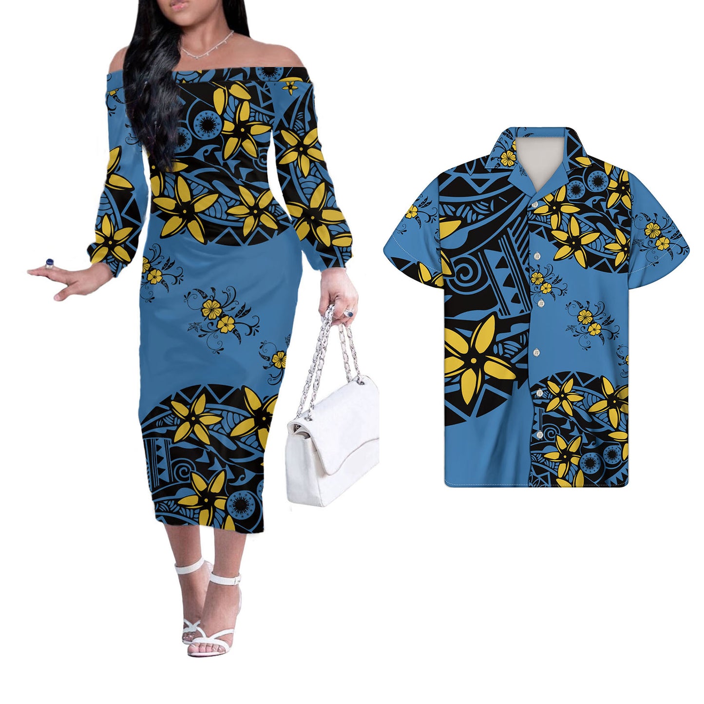 Polynesian Tribal Flowers Tropical Pattern Blue Couple Matching Outfits Men Shirts and Dress Off Shoulder Long Dresses for Women