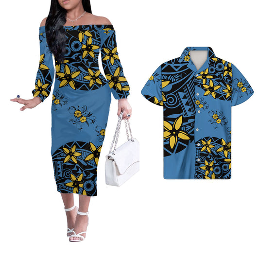 Polynesian Tribal Flowers Tropical Pattern Blue Couple Matching Outfits Men Shirts and Dress Off Shoulder Long Dresses for Women