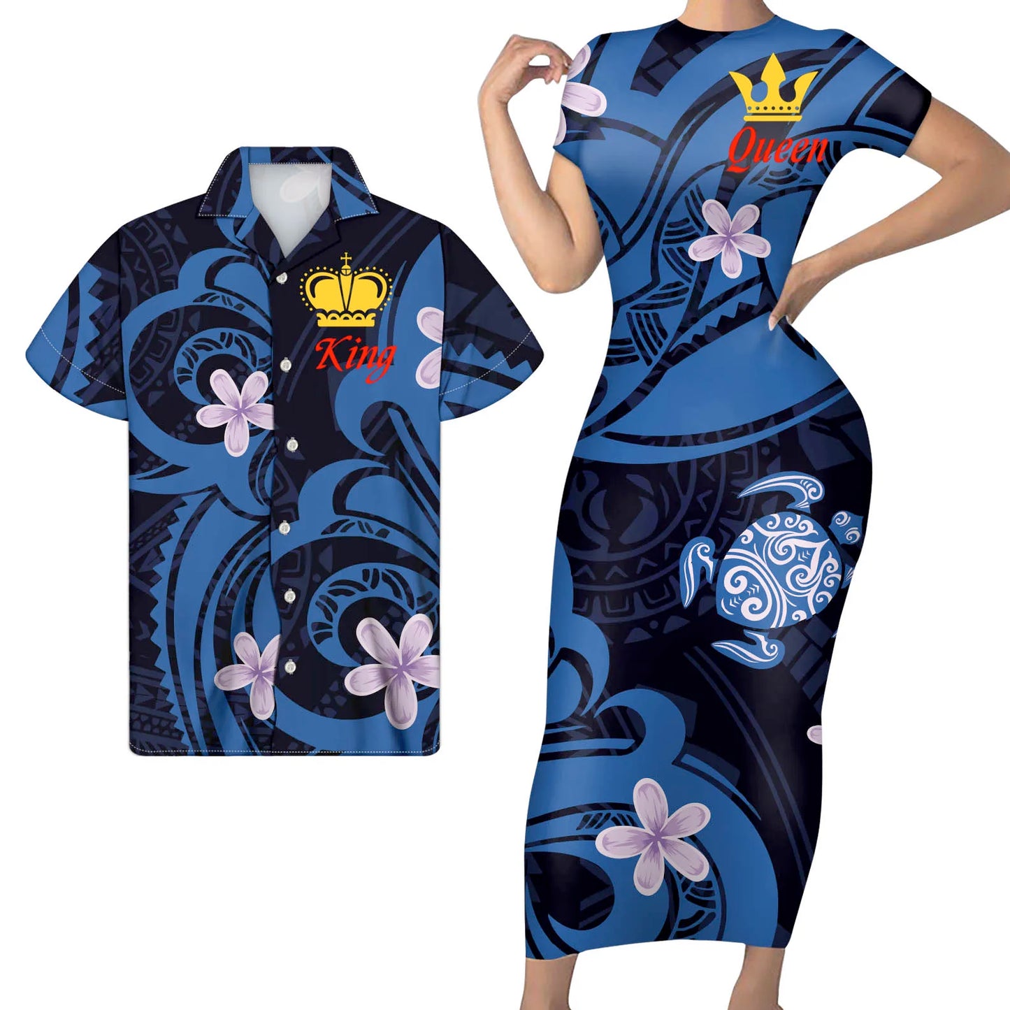 Blue Polynesian Plumeria Flowers Pattern Matching Outfit For Couples Tight Short Sleeve Dress Style Men Long Sleeve Shirt