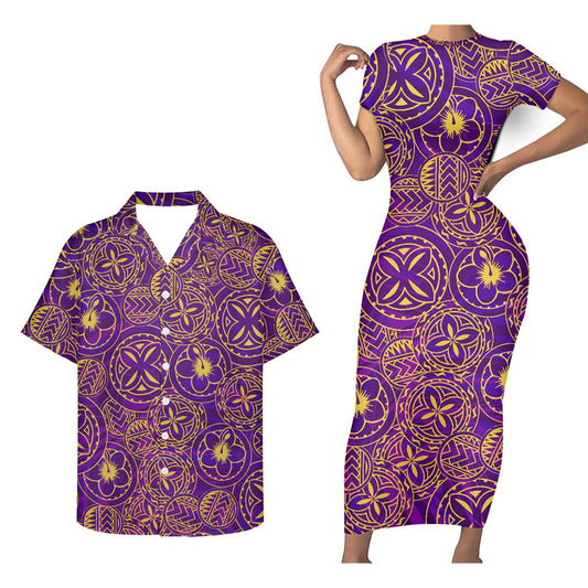 Flowers Polynesian Matching Outfit For Couple Polynesian Tight Short Sleeve Dress Men Short Sleeve Shirt Couple Set