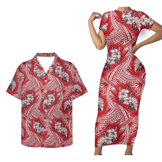 Polynesian Tribal Tropical Red Pattern Matching Outfit For Couple Polynesian Tribal Tight Short Sleeve Dress And Hawaiian Shirt Couple Set