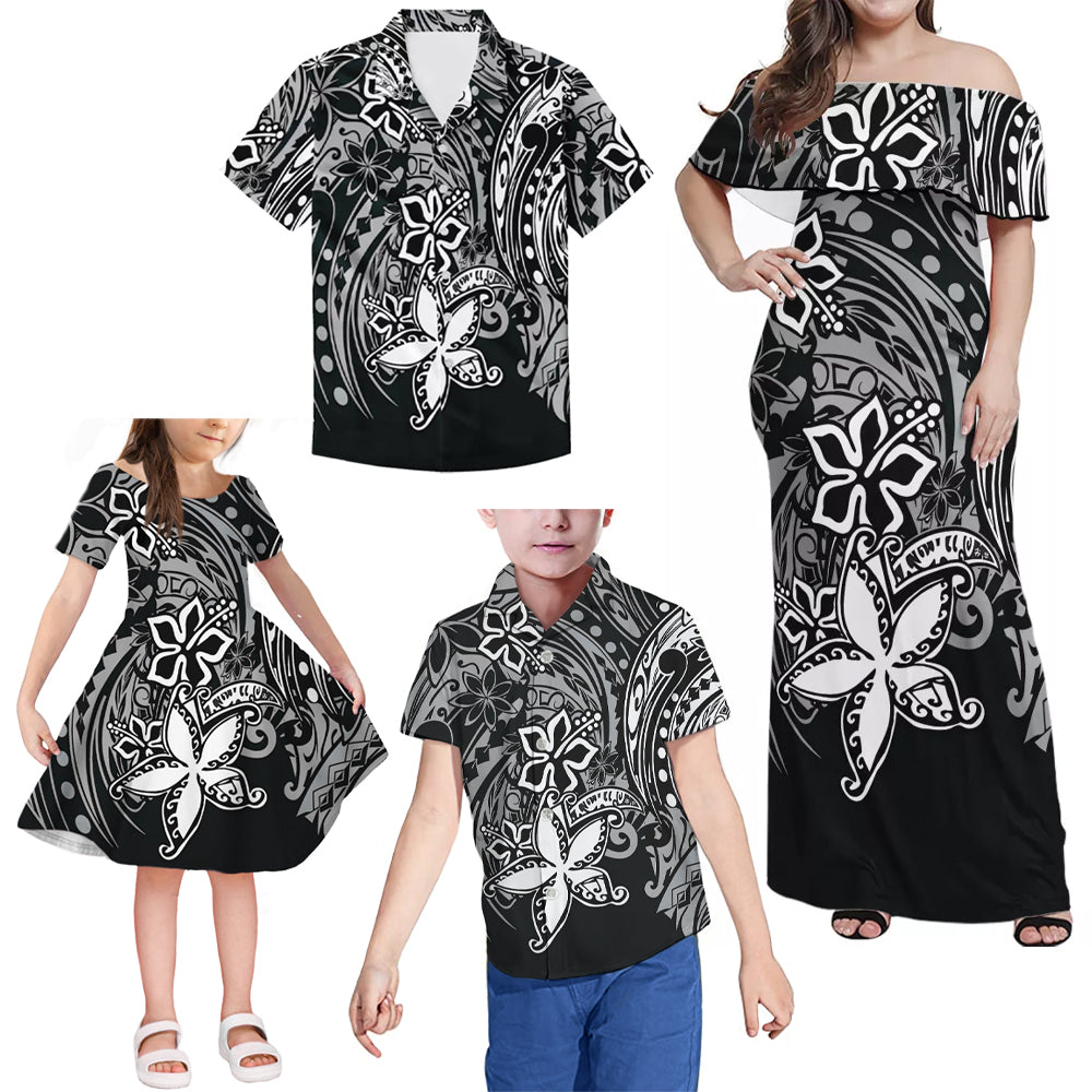Black Polynesian Tribal Flowers Pattern Matching Family Outfits Combo Dress and Hawaiian Shirt For Family Members