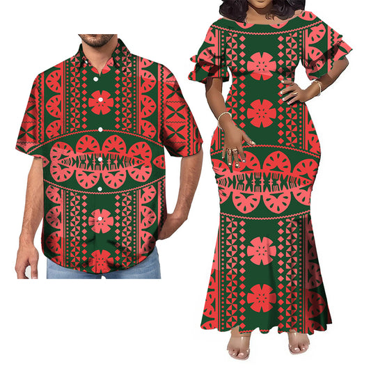 Polynesian Tribal Geometric Pattern Samoa Fishtail Skirt Dress And Shirt Couple Set Outfit