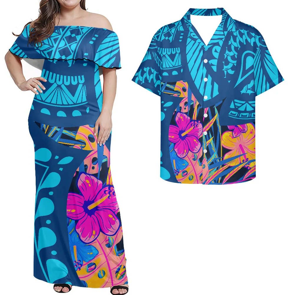 Hawaii Flower Colorful Polynesian Combo Blue Dress and Hawaiian Shirt Matching Couples Outfit