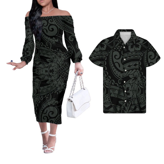Black Polynesian Tribal Flower Pattern Matching Couple Outfit Men Shirts and Dress Off Shoulder Long Dresses for Women