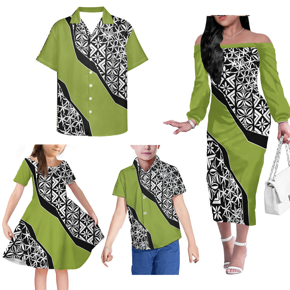 Green Polynesian Tribal Pattern Matching Outfit For Family Dress Hawaiian Shirt For Her Him