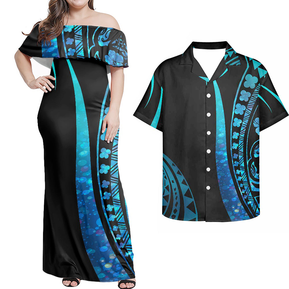 Polynesian Tropical Pattern Curve Style Blue Combo Dress and Hawaiian Shirt Matching Couples Outfit For Him Her