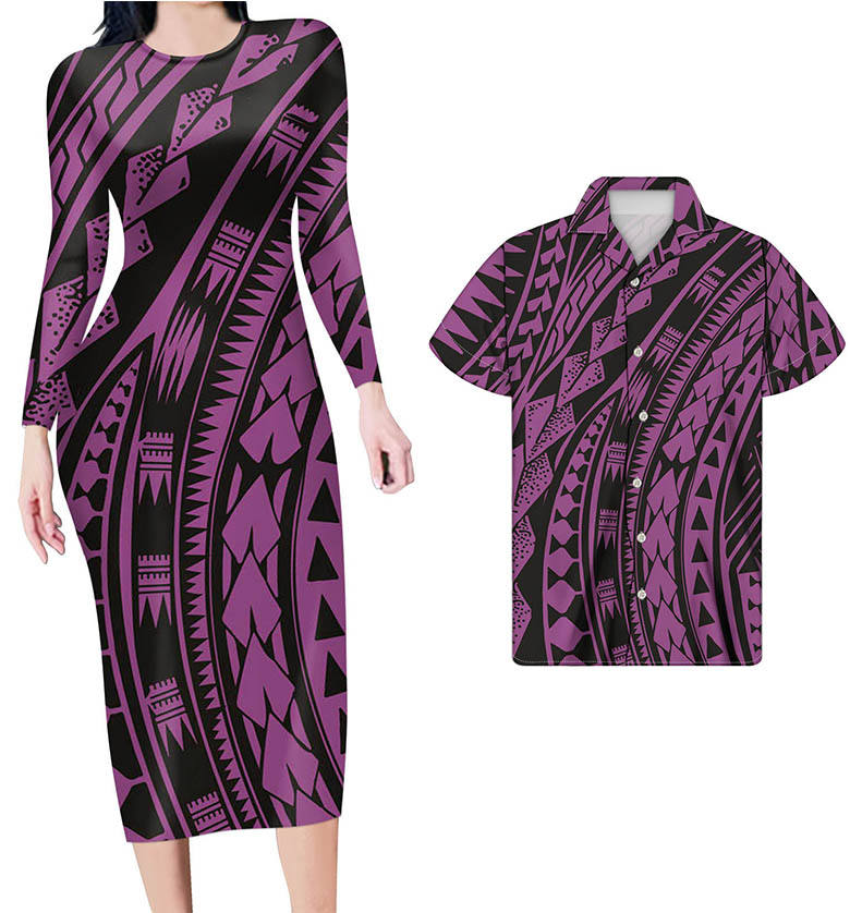 Hawaiian Attire For Couples Polynesian Tribal Purple Black Bodycon Dress And Summer Hawaii Shirt