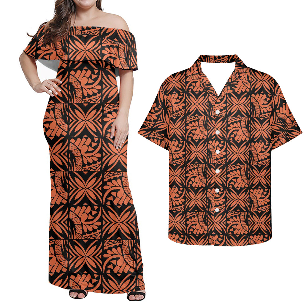 Polynesian Geometric Pattern Matching Outfit Combo Off Shoulder Dress and Shirt