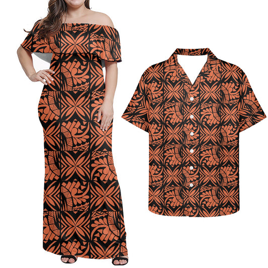 Polynesian Geometric Pattern Matching Outfit Combo Off Shoulder Dress and Shirt