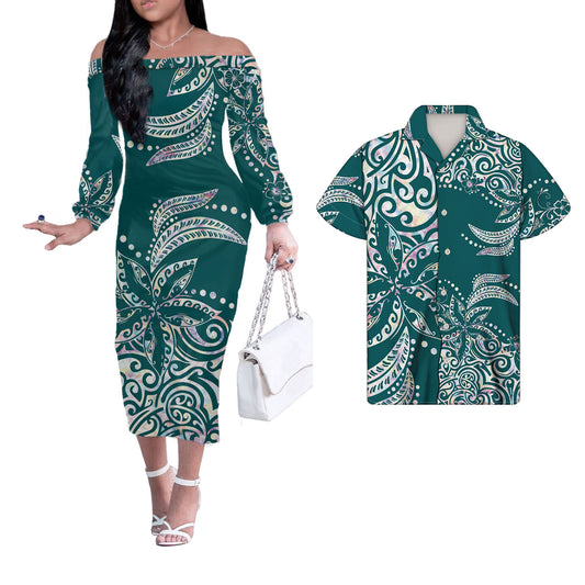 Polynesian Tribal Flowers Tropical Pattern Couple Matching Outfits Men Shirts and Dress Off Shoulder Long Dresses for Women