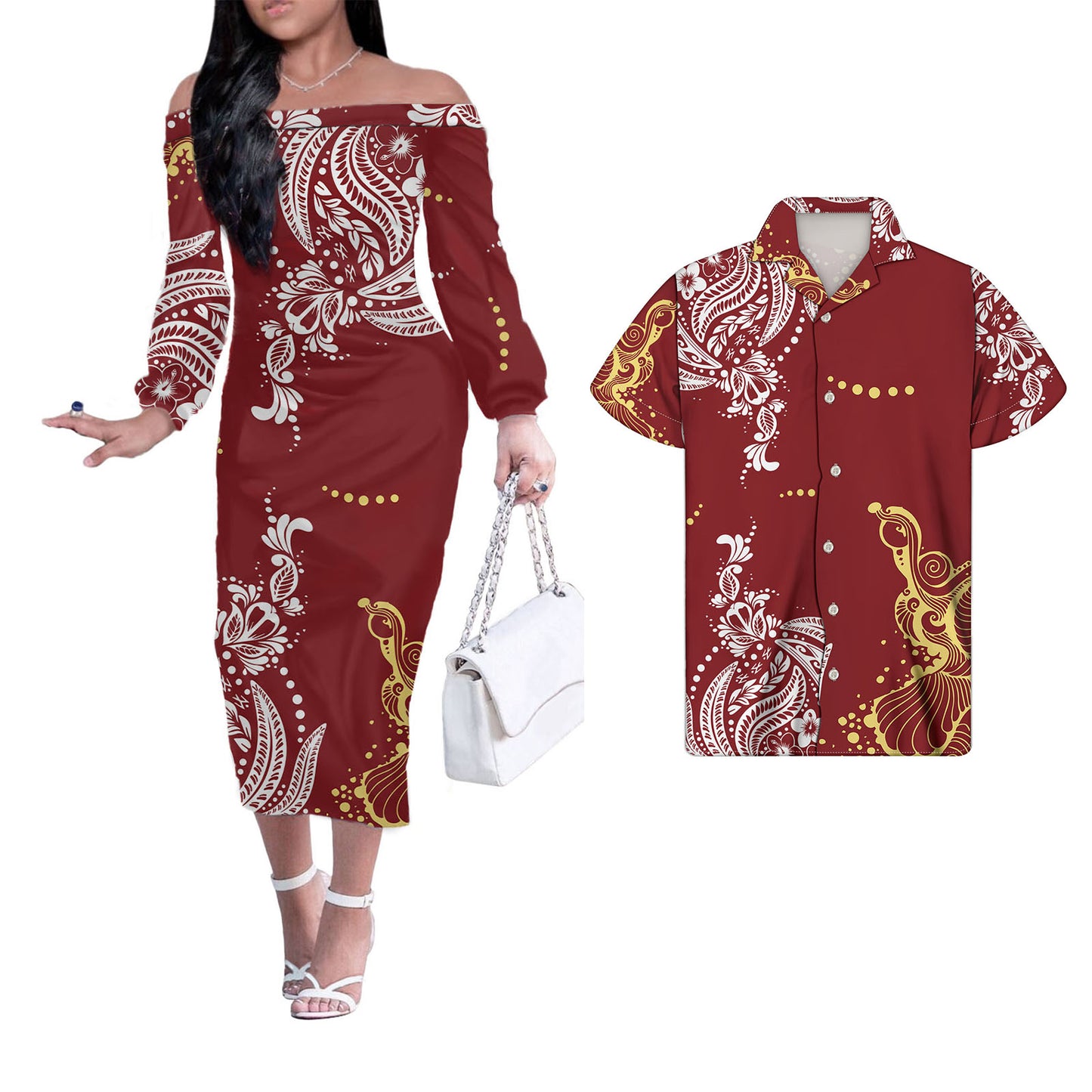 Polynesian Tribal Pattern Red Couple Matching Outfits Men Shirts and Dress Off Shoulder Long Dresses for Women