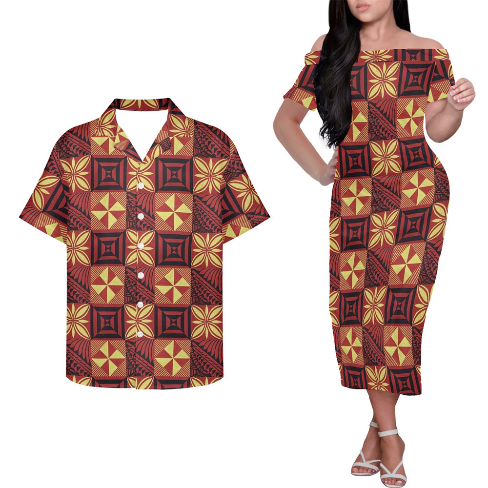 Polynesian Geometric Pattern Couple Matching Outfits Island Hung Short Sleeved Dress And Hawaiian Shirt Couple Set
