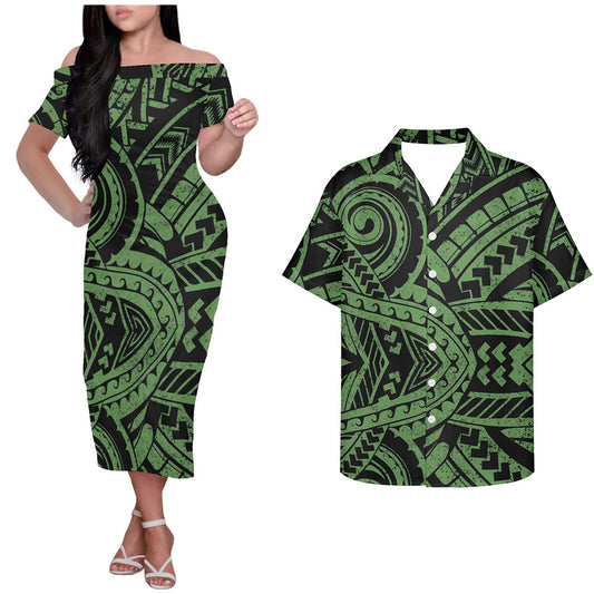 Polynesian Island Tribal Pattern Vintage Green Couple Outfits Tropical Style Hung Short Sleeved Dress And Hawaiian Shirt Couple Set