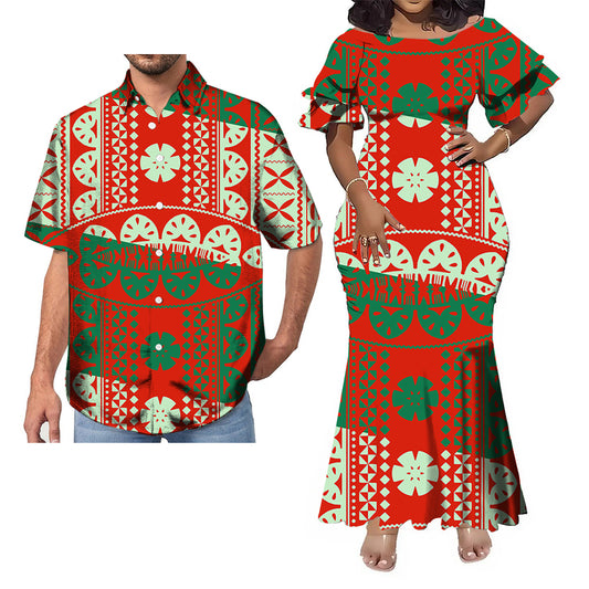 Polynesian Tribal Geometric Pattern Party Fishtail Skirt Dress And Shirt Couple Set Outfit