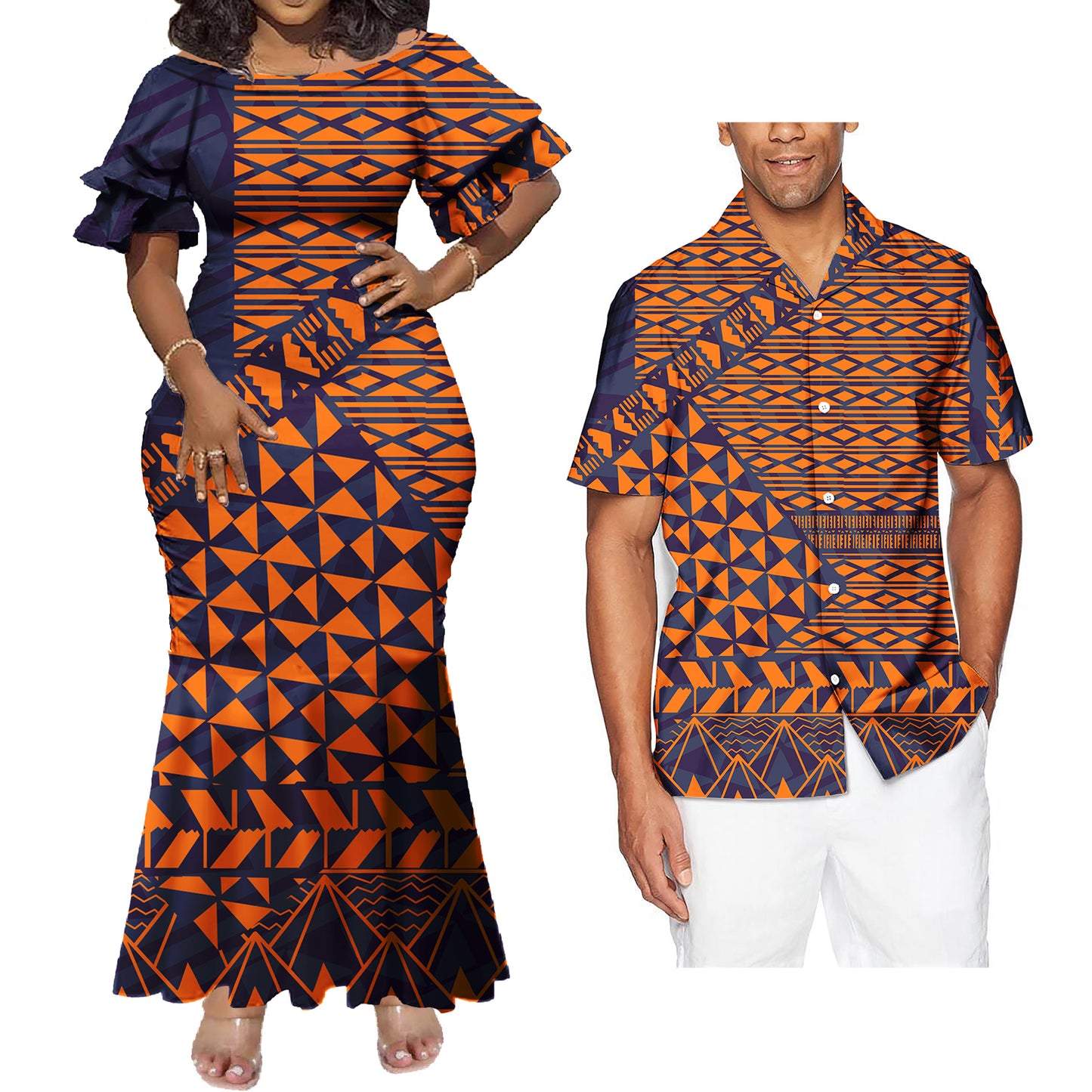 Polynesian Geometric Pattern Couple Matching Outfit Tropical Fishtail Skirt Dress And Shirt