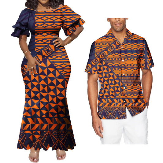 Polynesian Geometric Pattern Couple Matching Outfit Tropical Fishtail Skirt Dress And Shirt
