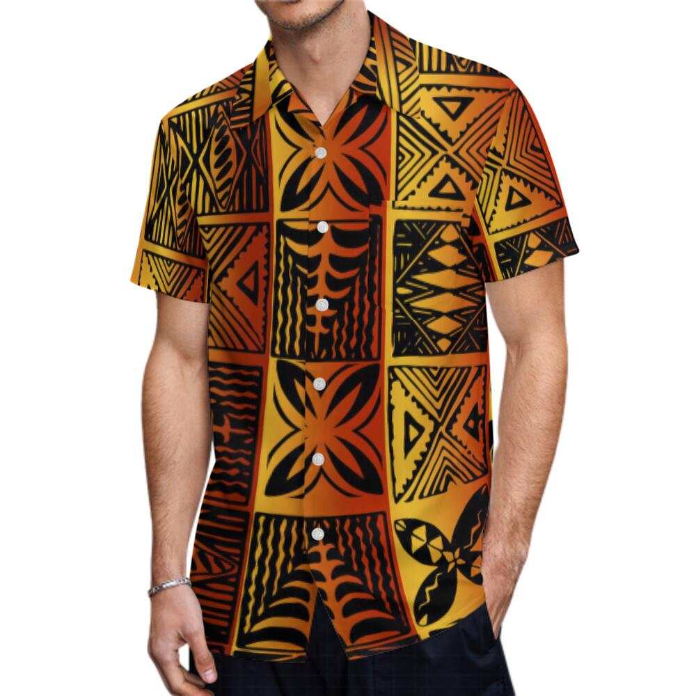 Vintage Polynesian Samoa Tribal Geometric Pattern Printed Short Sleeve Shirt Polynesian Summer Hawaiian Shirt