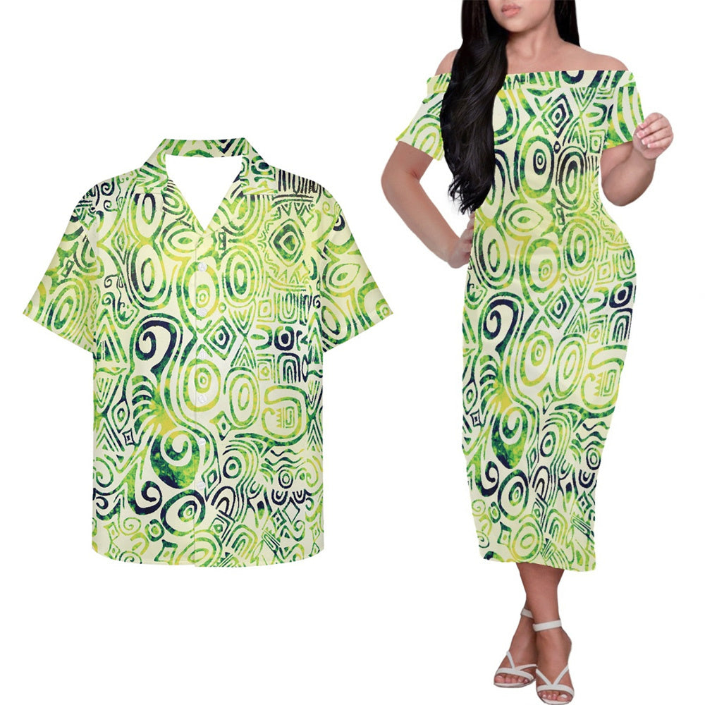 Green Polynesian Island Tribal Print Couple Outfits Pacific Island Hung Short Sleeved Dress And Hawaiian Shirt Party Outfit Set For Him Her