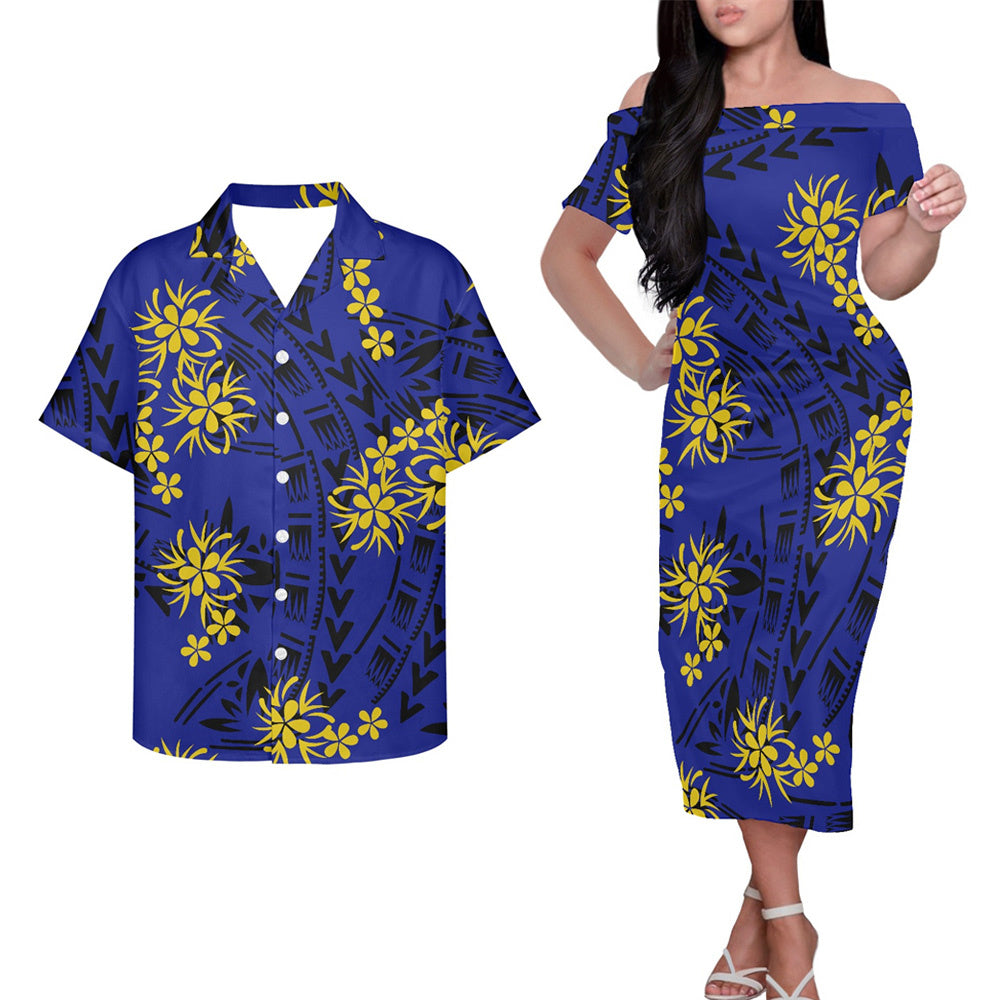 Polynesian Tribal Clothing Flowers Pattern Couple Outfits Pacific Island Hung Short Sleeved Dress And Hawaiian Shirt