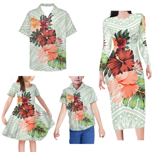Polynesian Tribal Pattern Matching Family Outfits Flowers Island Bodycon Long Sleeve Dress And Shirt Family Members