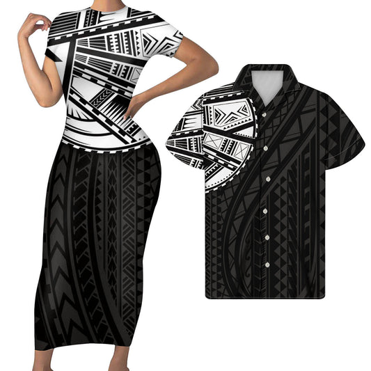 Polynesian Pattern Black Outfit For Couples Tight Short Sleeve Dress Style Men Long Sleeve Shirt Couple Outfit