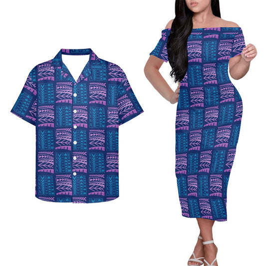 Polynesian Tribal Clothing Geometric Pattern Couple Outfits Pacific Island Blue Hung Short Sleeved Dress And Hawaiian Shirt