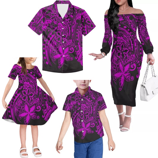 Pink Polynesian Tribal Flowers Pattern Matching Outfit For Family Island Dress Hawaiian Shirt For Her Him Family Members