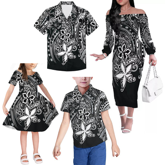 White Polynesian Tribal Flowers Pattern Matching Outfit For Family Island Dress Hawaiian Shirt For Her Him Family Members