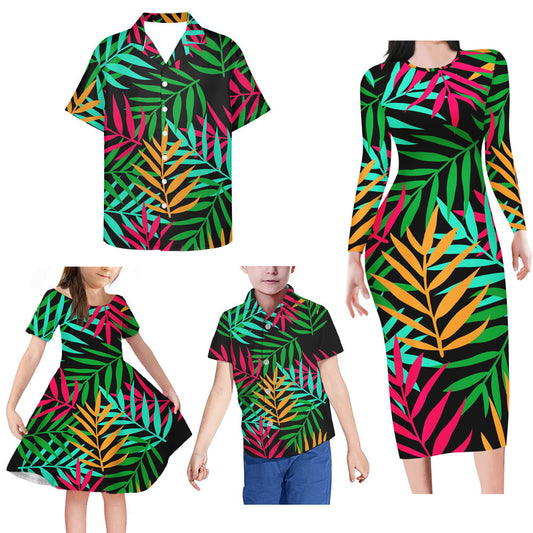 Tropical Leaf Pattern Matching Family Outfits Island Bodycon Long Sleeve Dress And Shirt Family Members