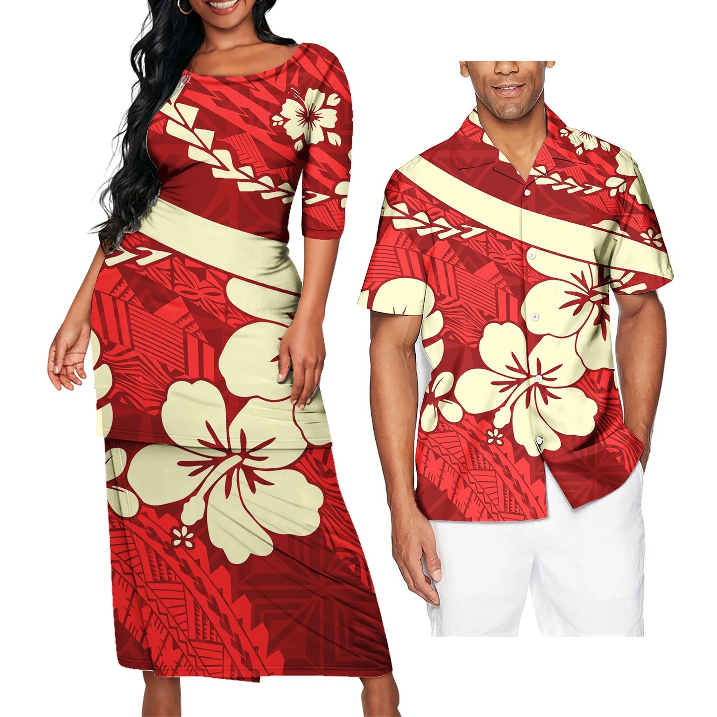 Polynesian Tribal Hibiscus Flowers Pattern Red Clothing Set Samoan Print Polynesian Tribal Matching Couple Outfit For Him Her