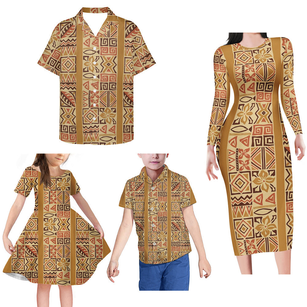 Vintage Polynesian Tribal Pattern Matching Family Outfits Island Bodycon Long Sleeve Dress And Shirt For Couple Kids