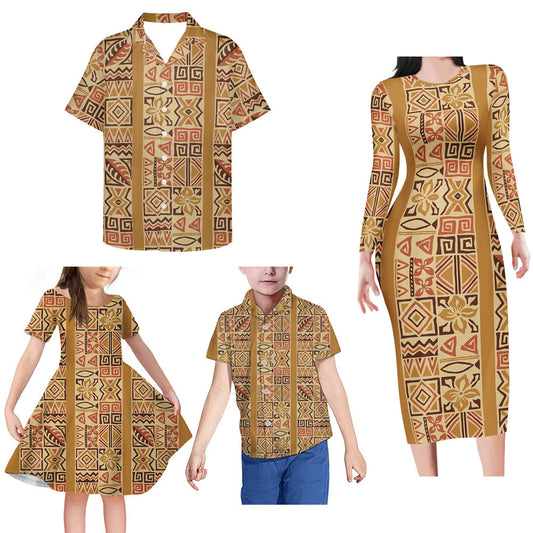 Vintage Polynesian Tribal Pattern Matching Family Outfits Island Bodycon Long Sleeve Dress And Shirt For Couple Kids