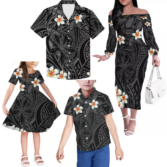 Polynesian Tribal Flowers Pattern Matching Outfit For Family Tropical Black Dress Hawaiian Shirt Family Members
