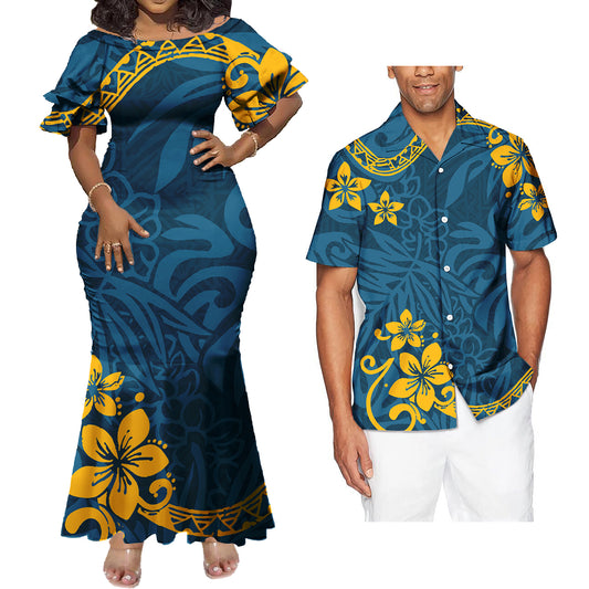 Polynesian Tribal Flowers Pattern Couple Matching Outfit Island Tropical Fishtail Skirt Dress And Shirt