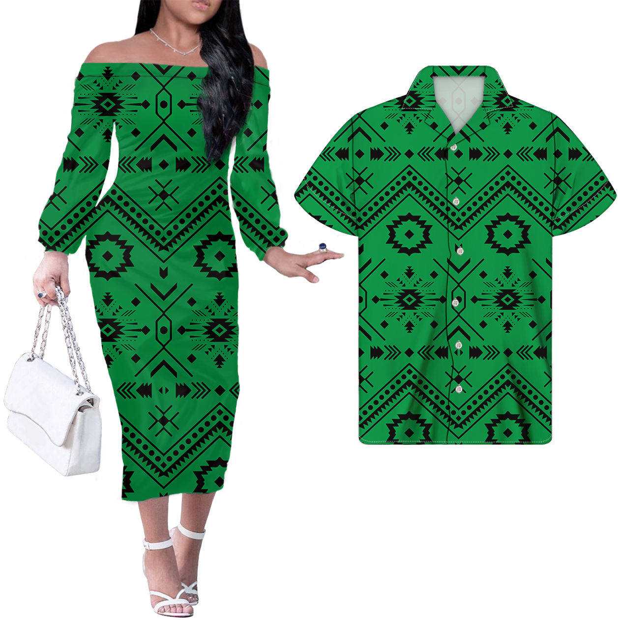 Polynesian Tribal Green Pattern Tropical Pattern Couple Matching Outfits Men Shirts and Dress Off Shoulder Long Dress