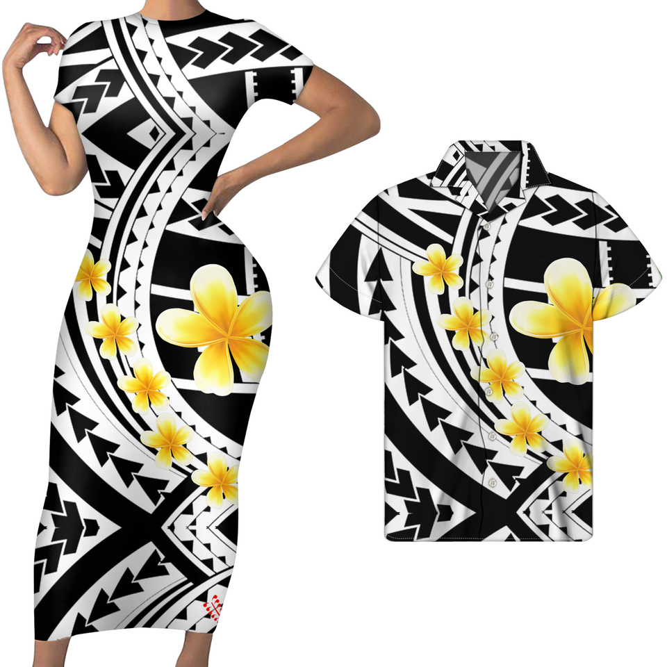 Polynesian Black And White Matching Outfit For Couples Plumeria Polynesian Tribal Bodycon Dress And Hawaii Shirt