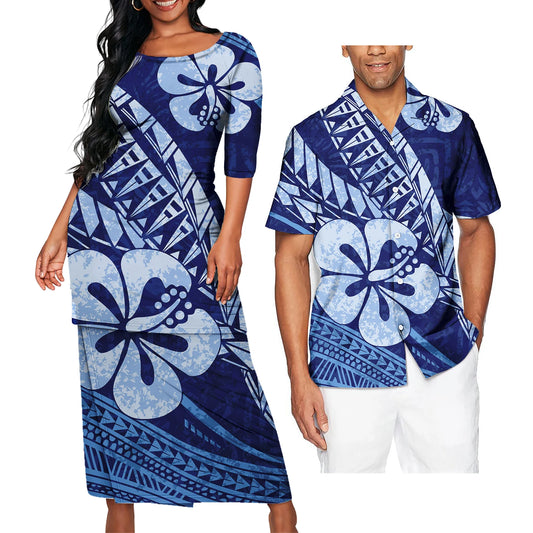 Polynesian Tribe Flower Pattern Outfit For Couple Blue Puletasi Dress For Her And Printed Hawaiian Shirt