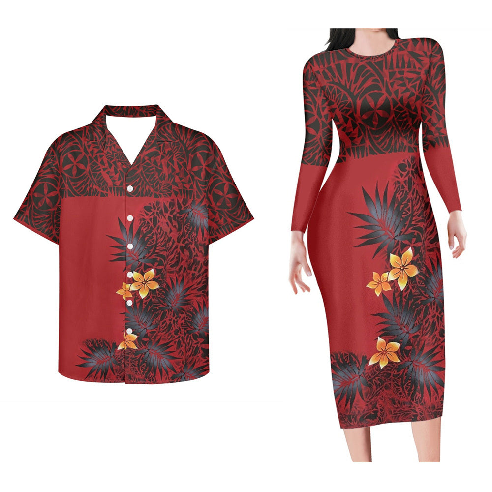 Polynesian Tribal Tropical Pattern Red Couple Set For Her Him Bodycon Dress And Hawaii Shirt Island Matching Outfit For Couple