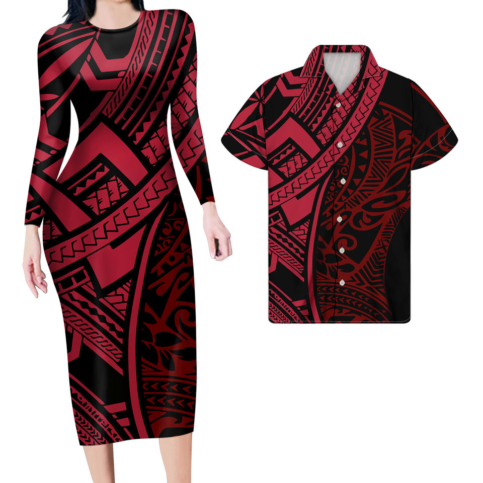 Hawaii Red Matching Outfit For Couples Hawaii Polynesian Tribal Bodycon Dress And Hawaii Shirt