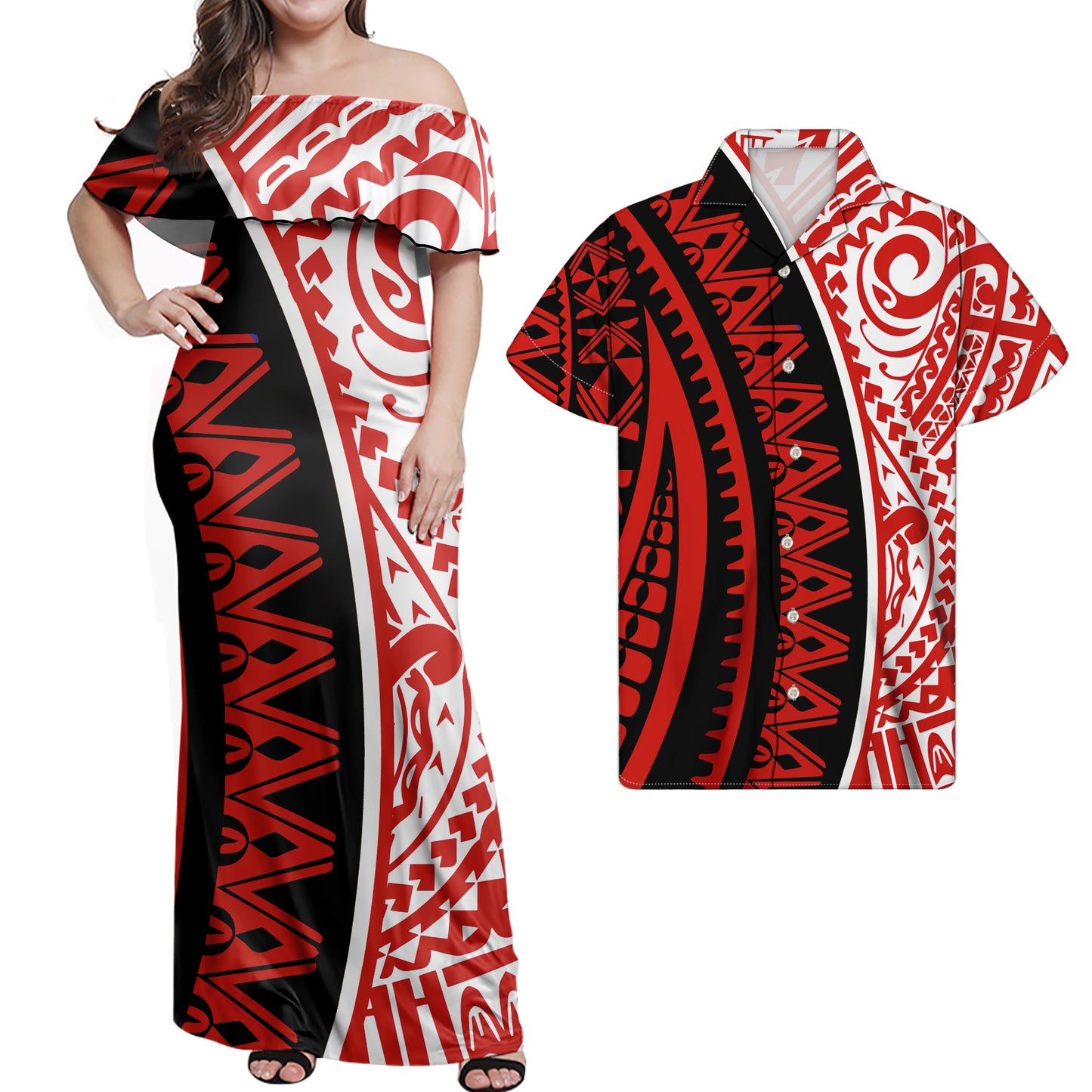 Polynesian Tribal Pattern Red Combo Dress and Hawaiian Shirt Matching Couples Outfit For Him Her