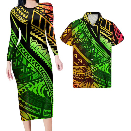 Hawaiian Matching Clothes For Couples Polynesian Tribal Pattern Reggae Bodycon Dress And Hawaii Shirt