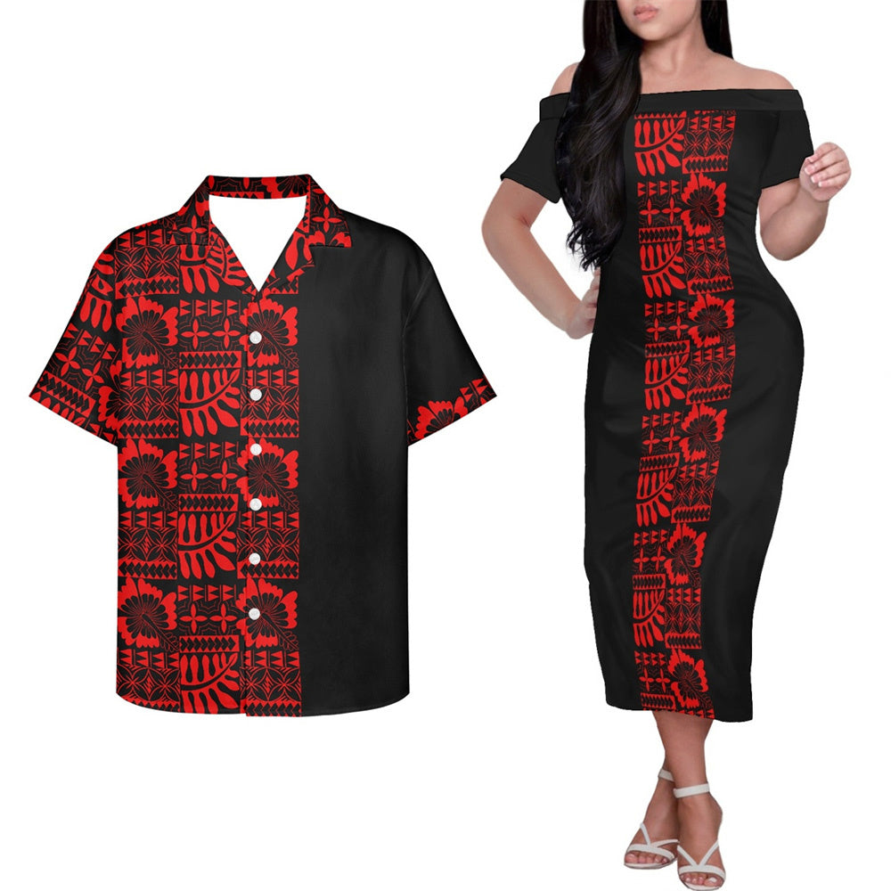 Red Polynesian Island Tribal Print Couple Outfits Pacific Island Hung Short Sleeved Dress And Hawaiian Shirt Party Outfit Set For Him Her