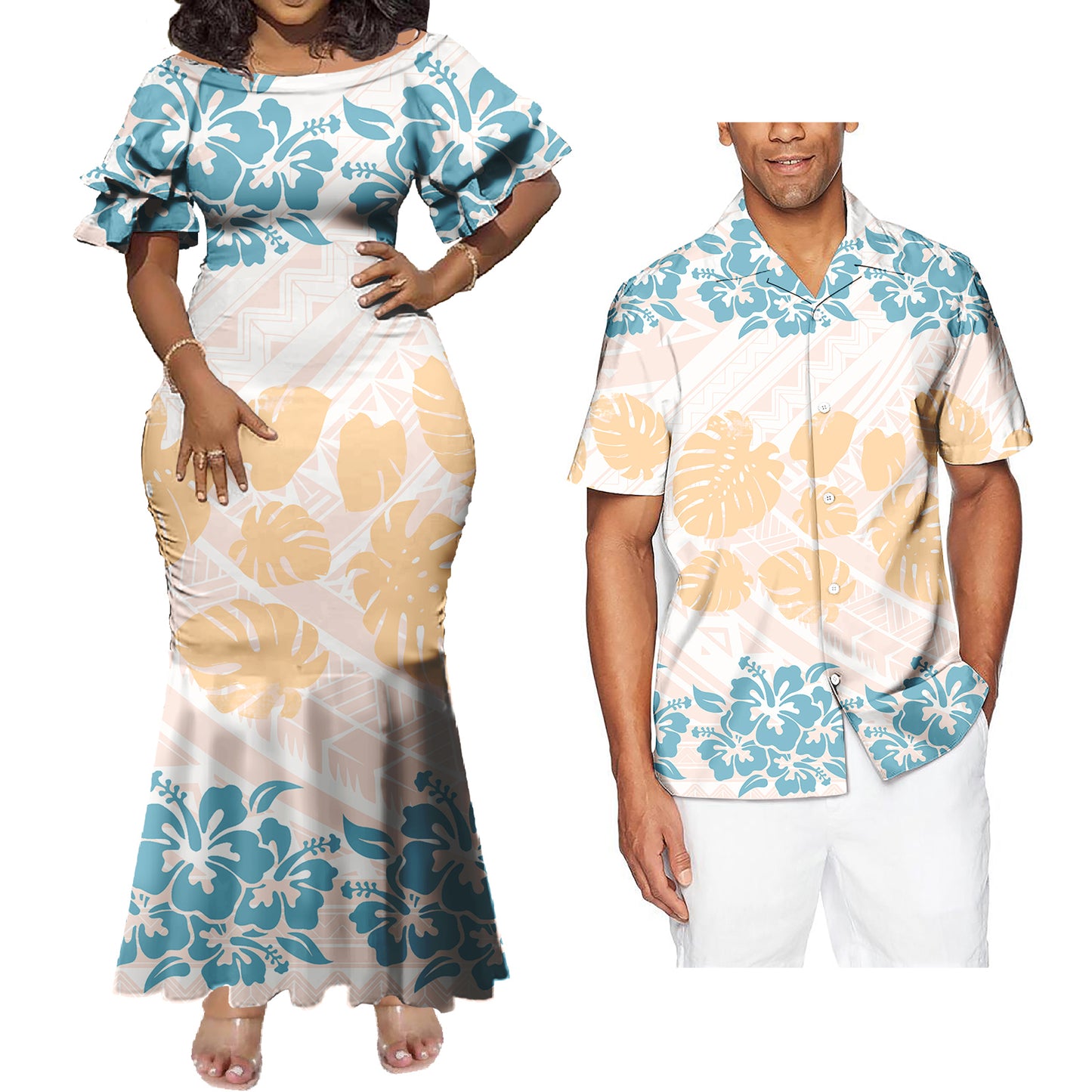 Polynesian Tropical Flowers Leaf Pattern Couple Matching Outfit Island Fishtail Skirt Dress And Shirt