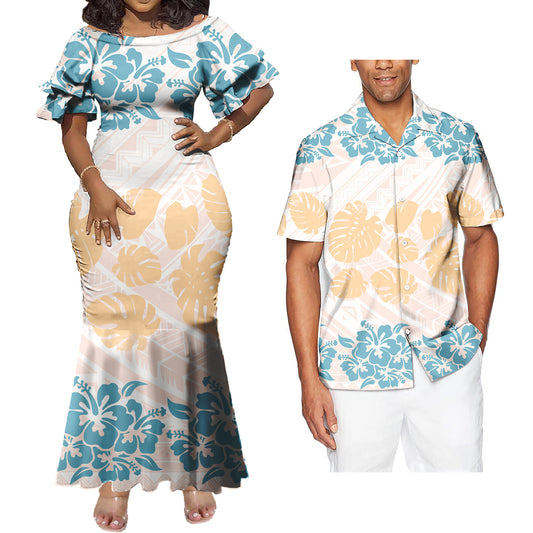 Polynesian Tropical Flowers Leaf Pattern Couple Matching Outfit Island Fishtail Skirt Dress And Shirt