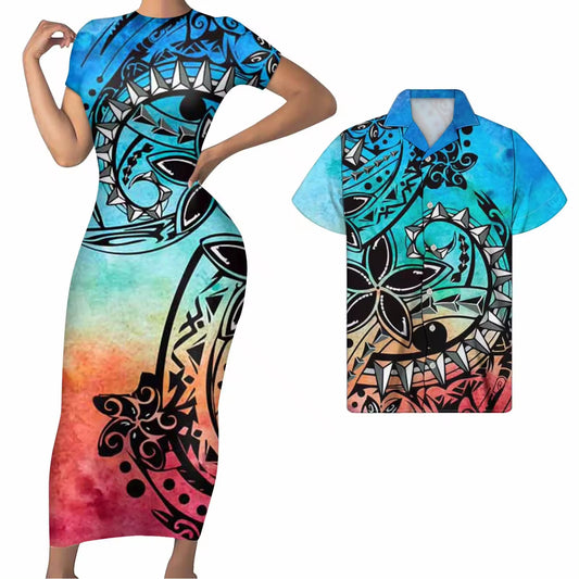 Polynesian Matching Clothes For Couples Polynesian Tribal Curve Flowers Pattern Retro Bodycon Dress And Hawaii Shirt